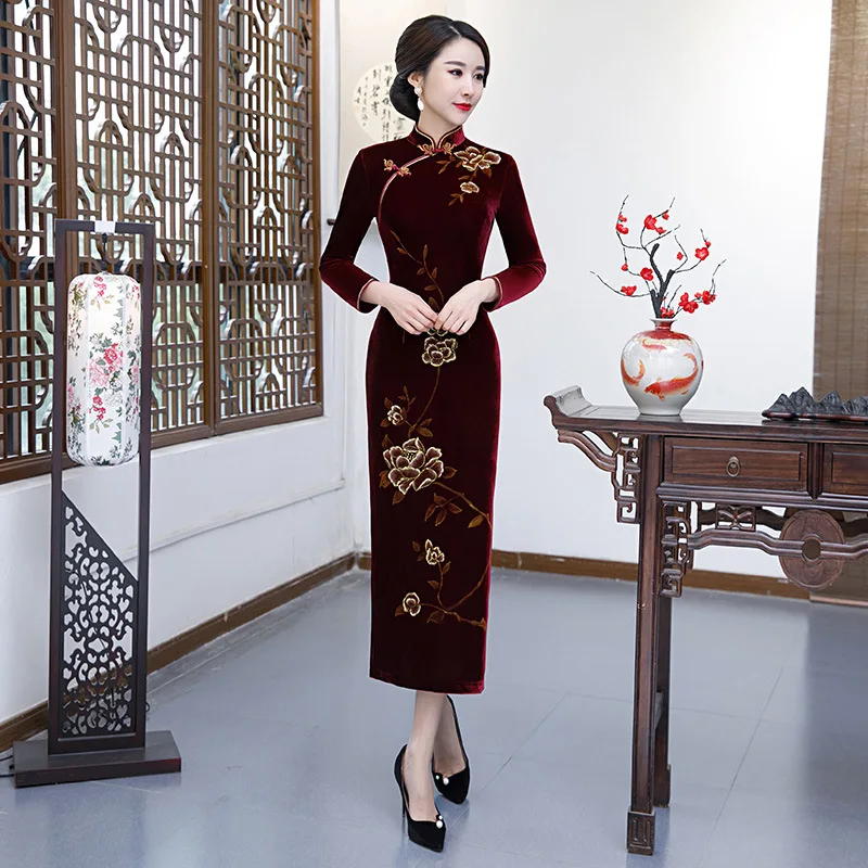 Платье с длинными рукавами для мамы винтажное китайское платье cheongsam из бархата
