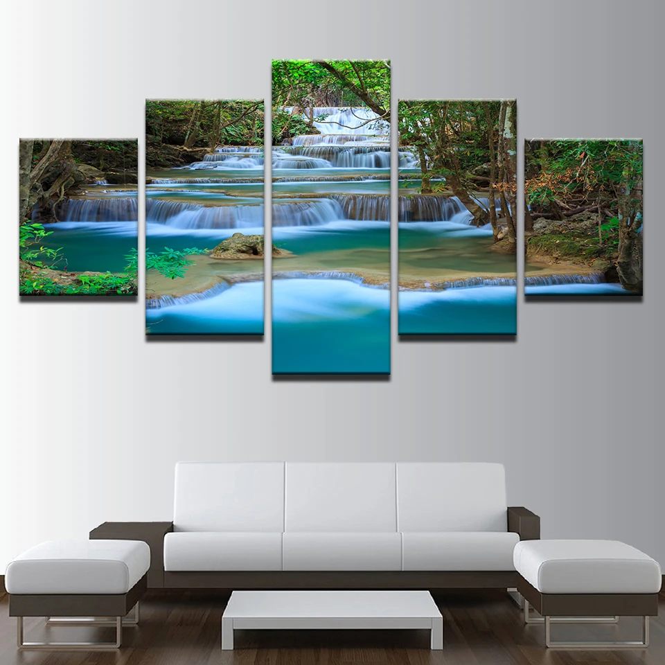 

5 Pieces Waterfall Forest Trees Lake Printed Canvas Painting Living Room Wall Art Landscape Pictures No Frames