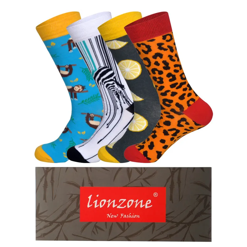 LIONZONE, 4 пар/лот, весна, Новое поступление, носки для мужчин, художественный стиль, уличная мода, хип-хоп дизайн, счастливые носки+ Бесплатный подарок - Цвет: C2-Box