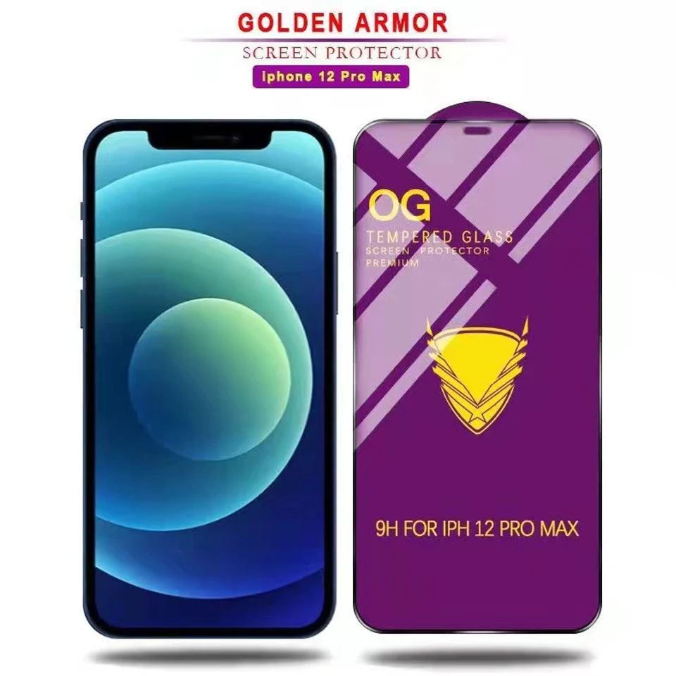 50Pcs Golden Armor OG Big Curved Full Glue For Iphone 11 12 13 Pro Max X XR XS Max 6 7 8 14 Plus Screen Protector Tempered Glass