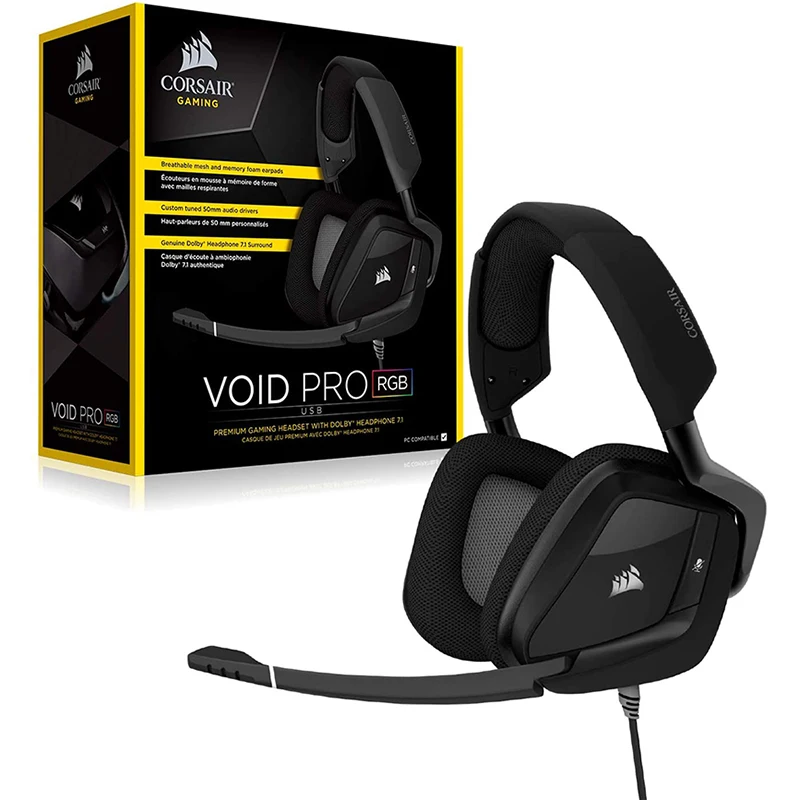 

Игровая гарнитура CORSAIR Void Pro RGB USB-наушники Dolby 7,1 с объемным звуком для ПК-сертифицированы Discord-драйверы 50 мм-черные