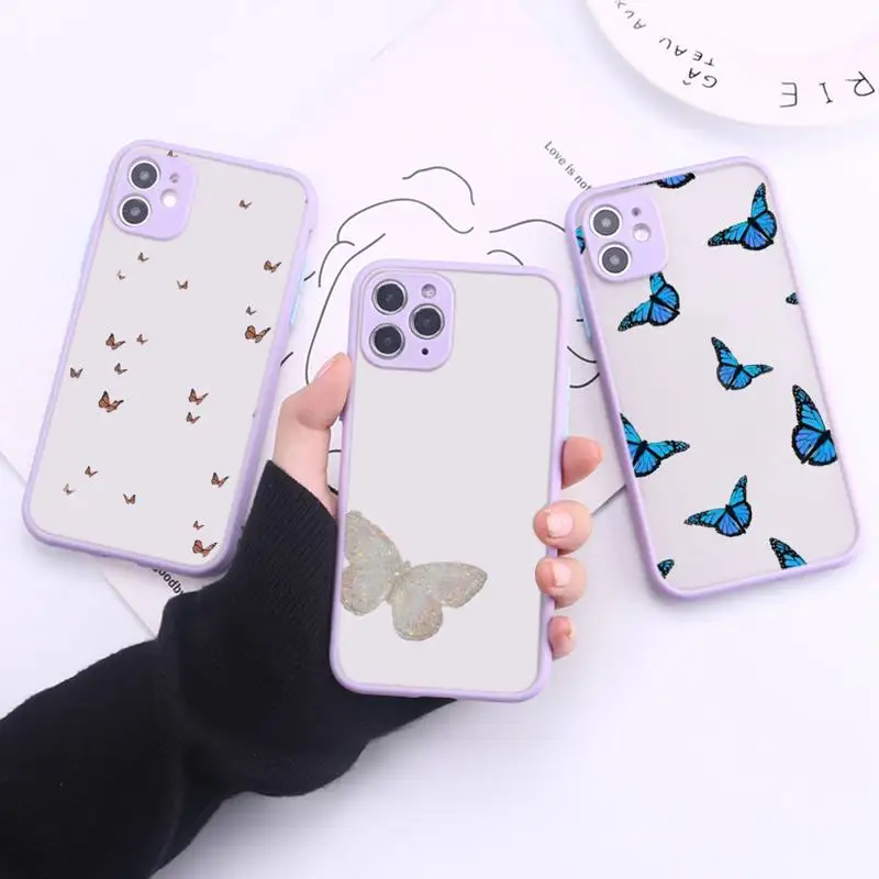 

Cute Butterfly Blue Phone Case Transparent Matte For IPhone 7 8 11 12 S Mini Pro X XS XR MAX Plus Cover Shell