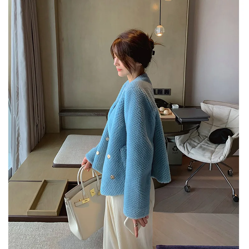 2021 Winter Elegant Short Fur Coat Women Solid Double Breasted Crop Jacket Temperament Ladies Lambs Wool Fur Warm Coats