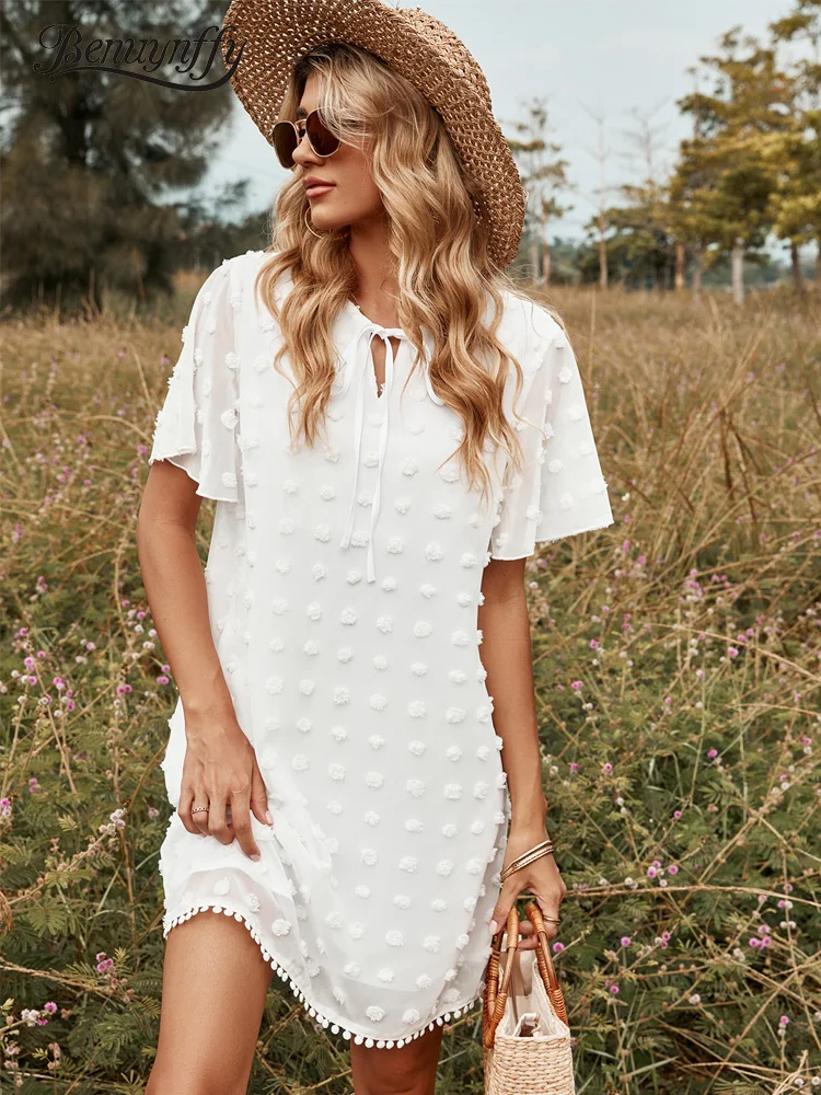 

Benuynffy White Tie Neck Swiss Dot Chiffon Dress Women Summer Short Sleeve Sweet Ladies Casual Shift Mini Dresses 2022