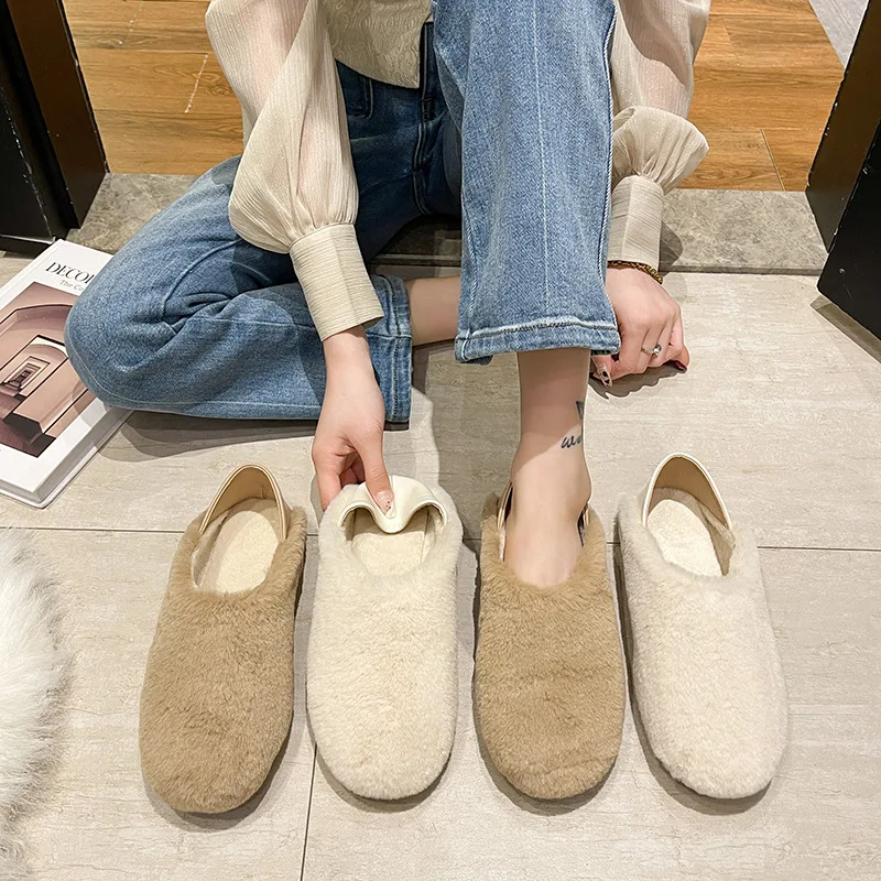 

Ботинки женские меховые, теплые однотонные повседневные туфли на плоской подошве, без застежки, без шнуровки, в Корейском стиле, подходят к ...