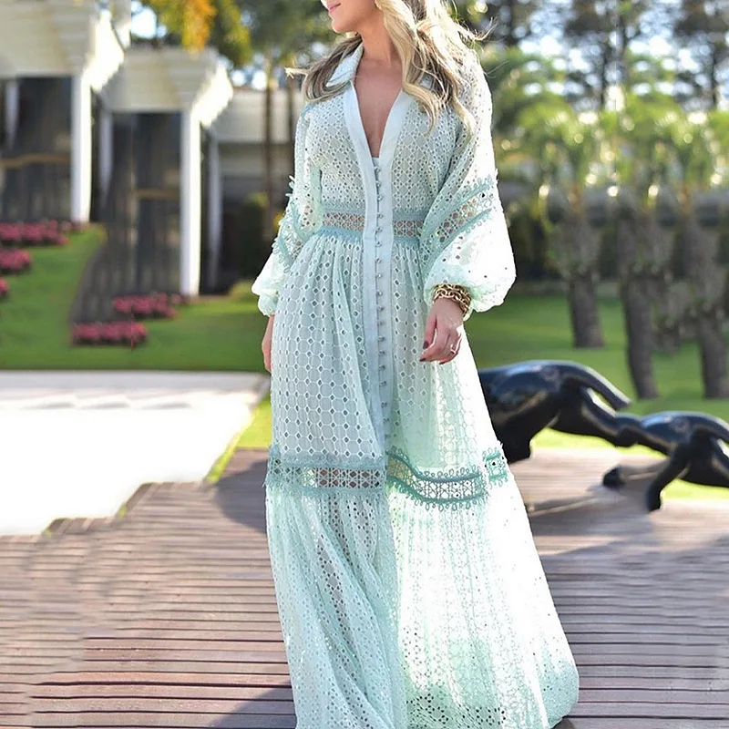 

2021 European and American Super Fairy Beach Skirt V-neck Lantern Sleeve Stitching Embroidered Hollow Mint Green Length Dress