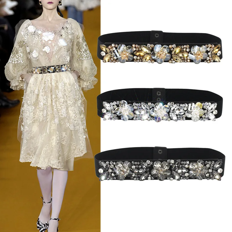 Cinturón suelto de diamantes de cristal para mujer, decoración de suéter con falda, sello de cintura elástico de moda