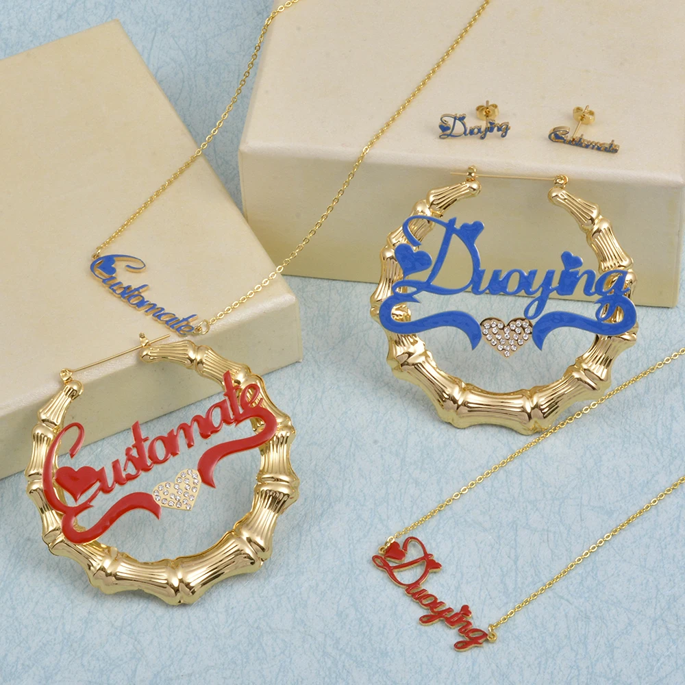 Hiyong Custom Enamel Name Earrings Women Name Necklace Personalized Custom Earrings Hip Hop Bamboo Hoop Earrings Mother's Gifts