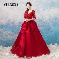 2020 new listing dark red evening dresses long ball gown v neck three quarter sleeves 3d flower evening dress formal party gown