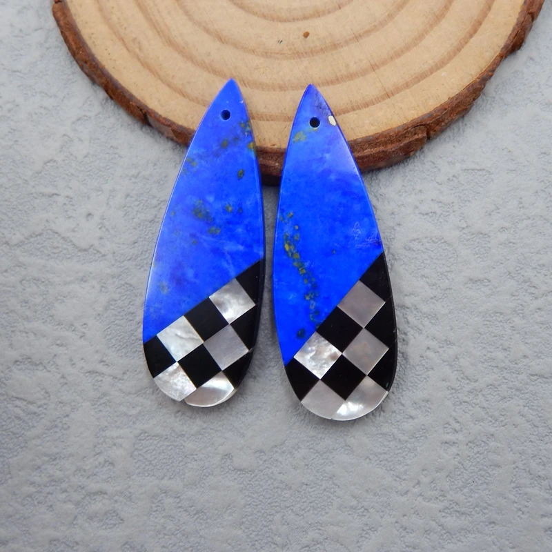 

Charms jewelry Blue Jewelry Women Earrings Bead Sets,Lapis lazuli ,Obsidian,Shell Intarsia Beads For Jewelry41x15x9mm 8.5g