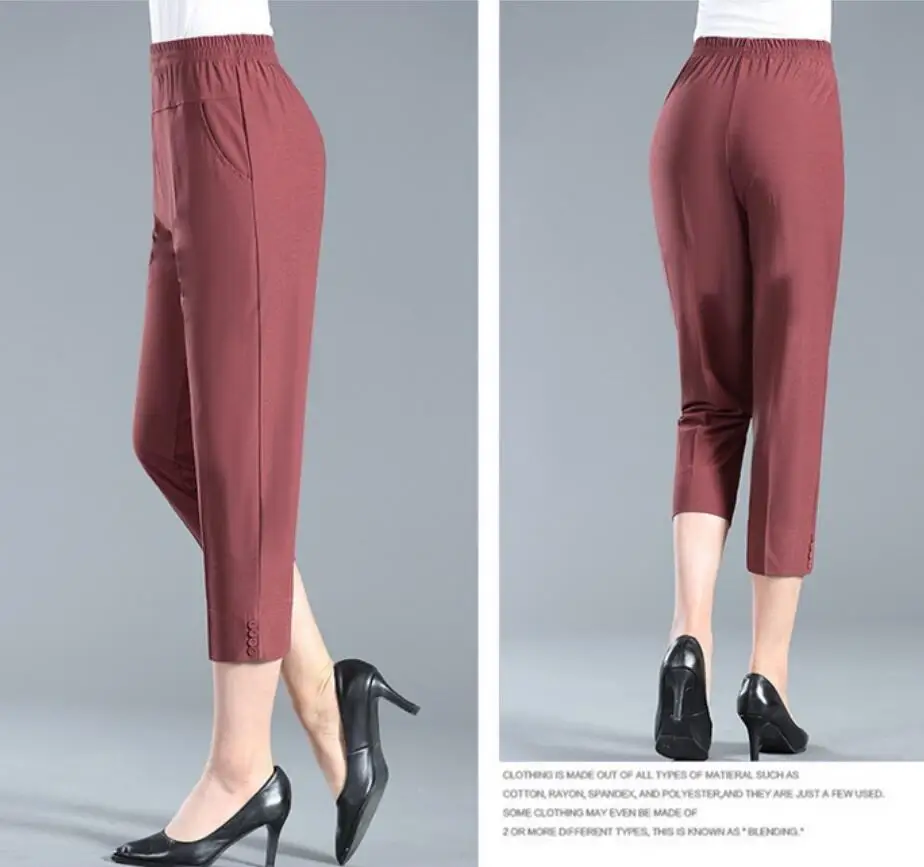 

2021 Summer Middle-aged Women Pants Thin Elastic Waist Mother Clothing Straight Casual Calf-LengthPants Plus Size XL-5XL s933