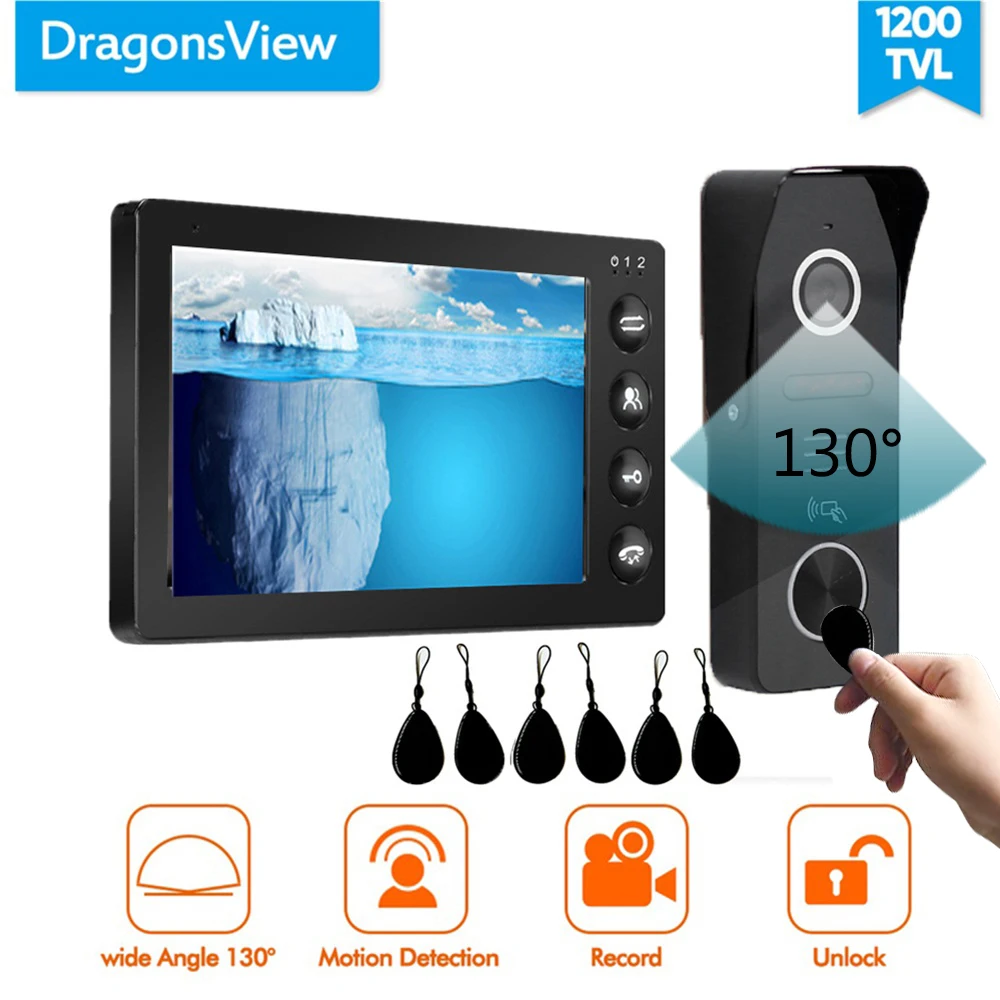 Dragonsview 7 дюймов видеодомофон RFID видео домофон система черная картинка видео запись движения Обнаружение широкий угол 130