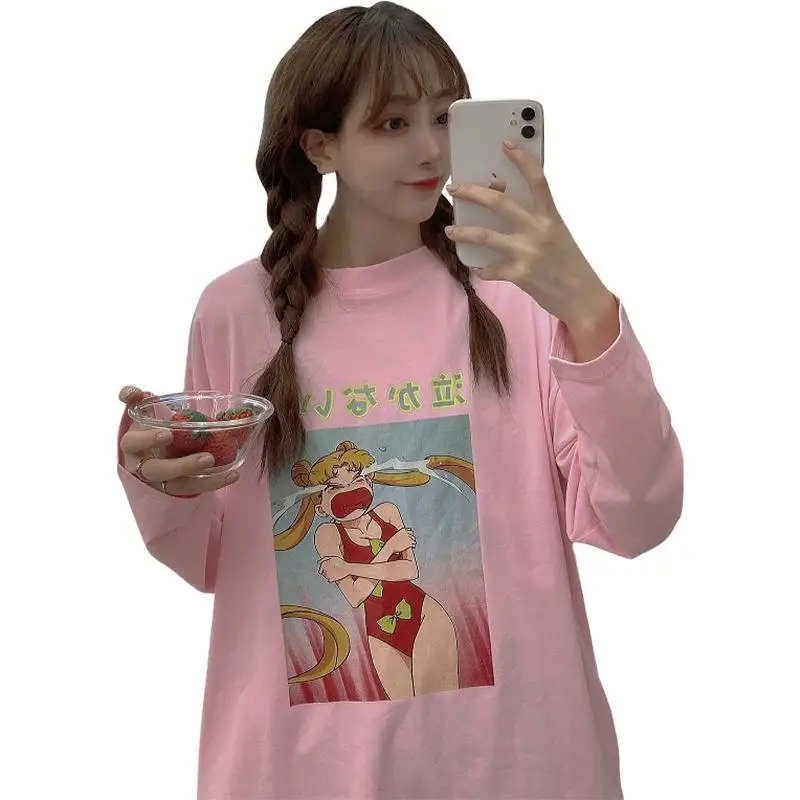 

Sailor Moon Anime Harajuku Graphic T Shirts White Pink Sweet Girl Long Sleeve Woman Tshirts Oversize Loose 90s Womens Clothing