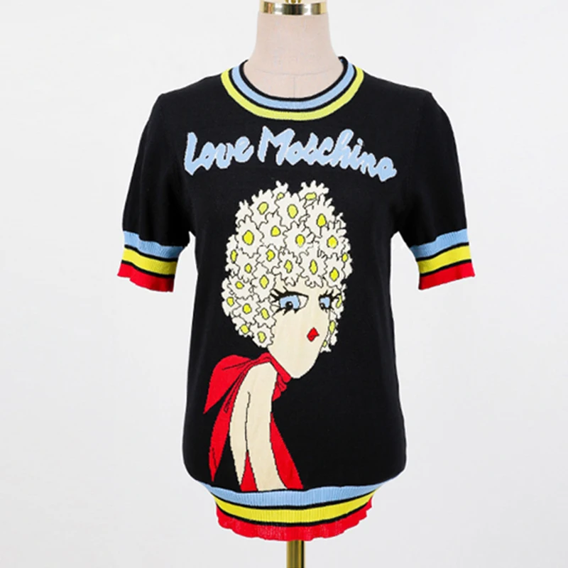 Женский жаккардовый пуловер с буквенным принтом и короткими рукавами летний