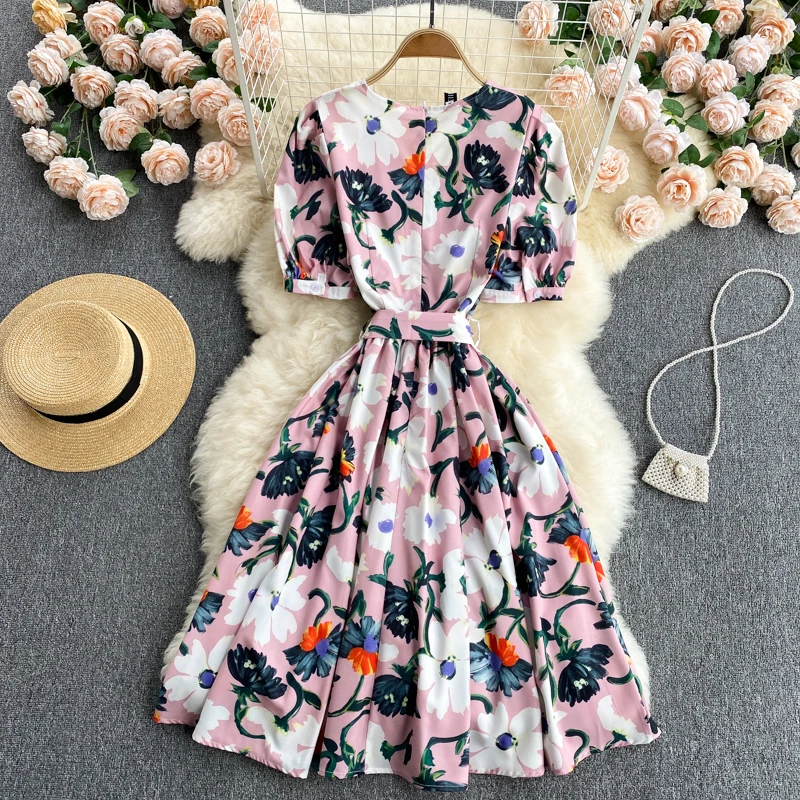 

Women's Summer Clothing 2021 New Fashion Short Sleeve V Neck Print Floral Casual Dress Knee Length Bandage Aline Holiday Vestido