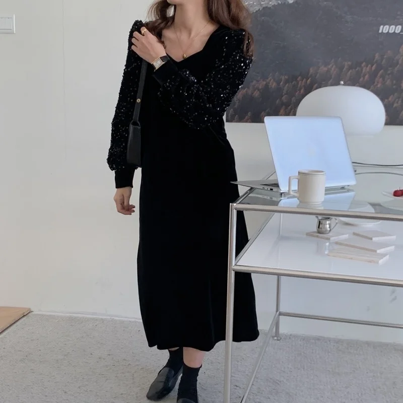 Платье с длинным рукавом корейское шикарное весеннее Новое модное вельветовое