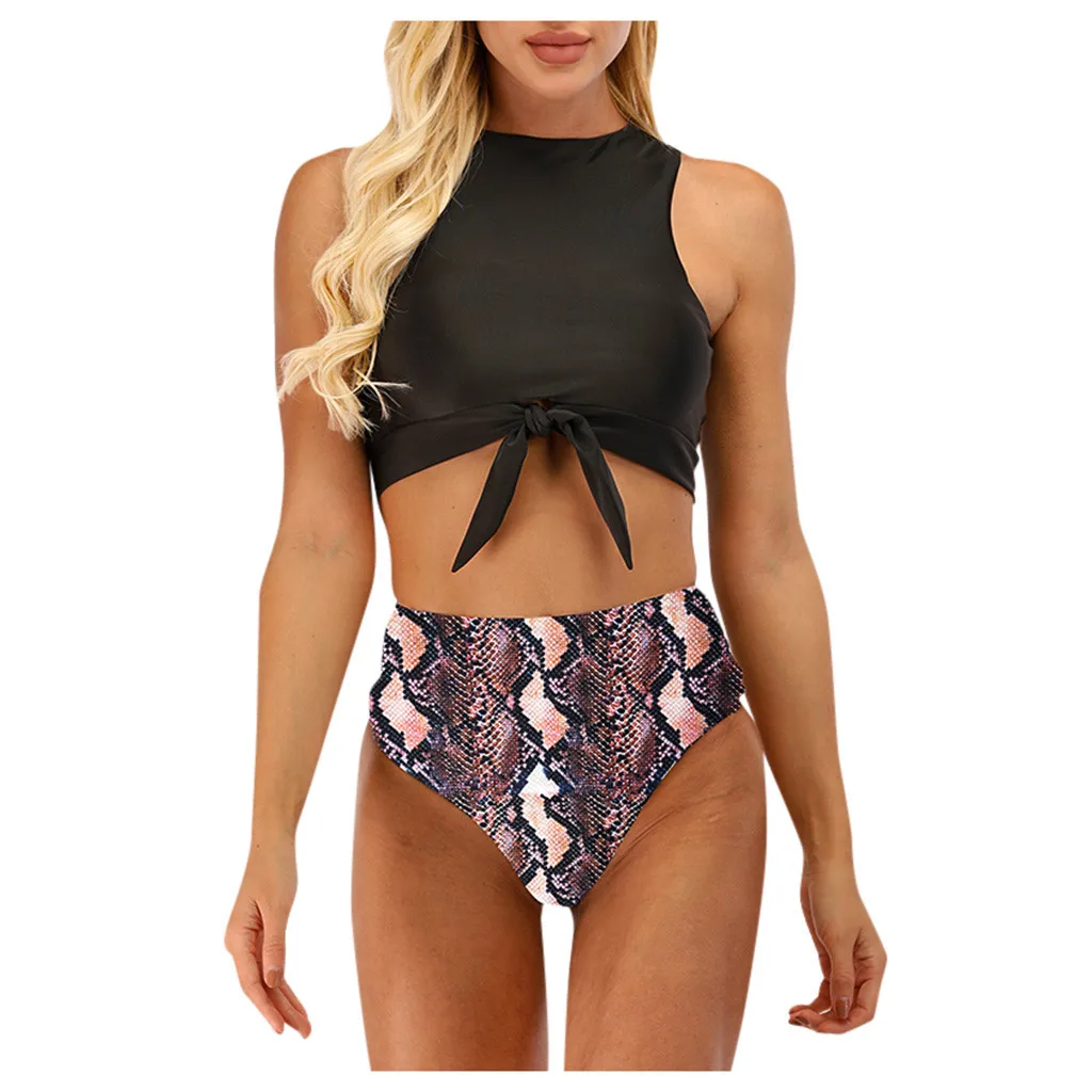 Комплект микро бикини с высокой талией со змеиным принтом и однотонный топ