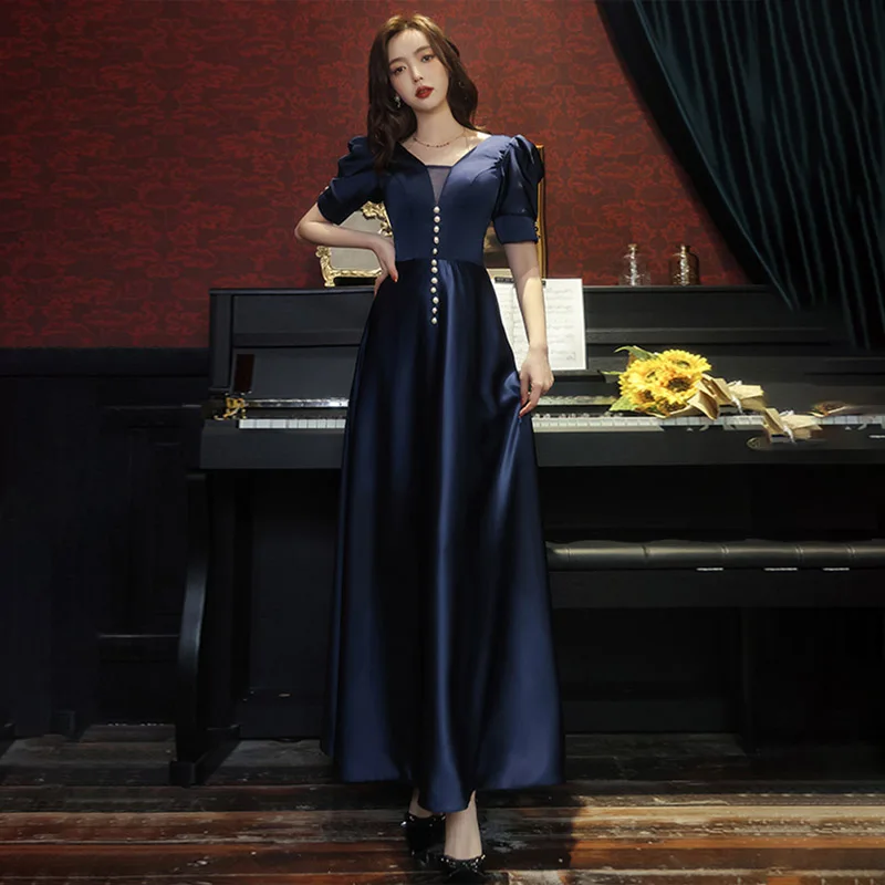 

Evening Dress Empire Short Sleeves V-Neck Button A-Line Lace Up Pleat Simple Fashion Floor-Length Woman Formal Party Gowns A1384