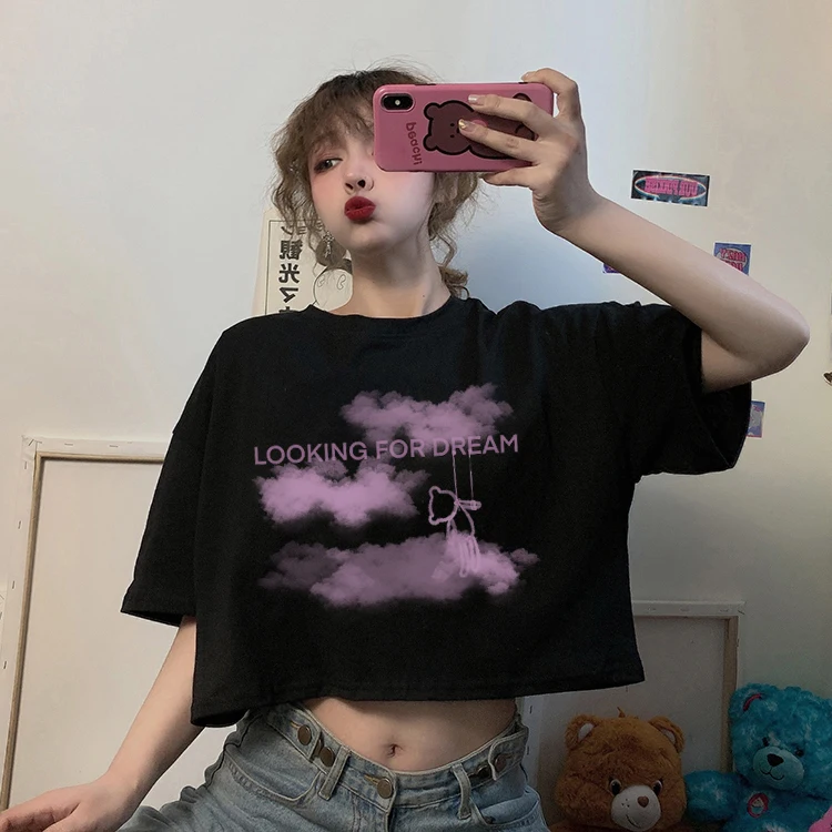 Black Short Female Tees Summer 2021 New High Waist Navel Korean Style Loose Fashion Clothes Sleeve Women T-shirts | Женская одежда