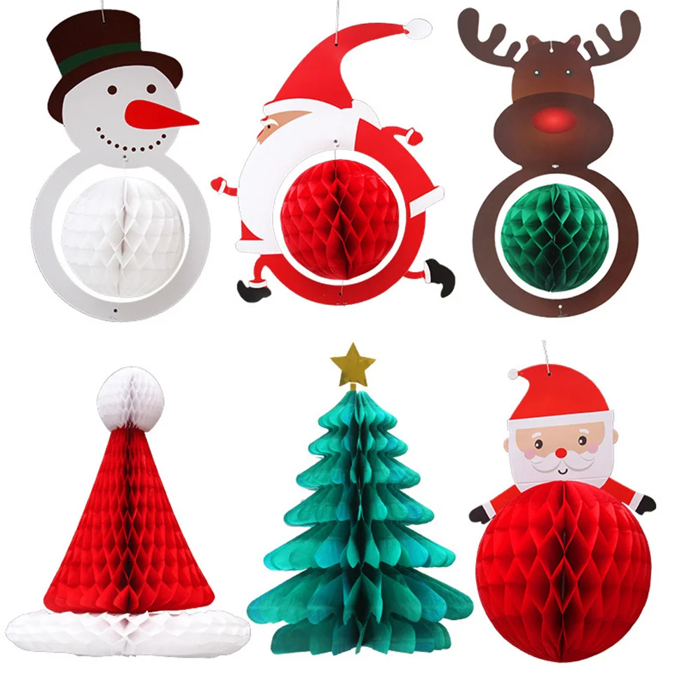 

1PC Christmas Honeycomb Paper Lantern Pendants Xmas Santa Claus/Snowman Ornaments 2021 DIY Navidad Crafts Decorations Kids Gifts