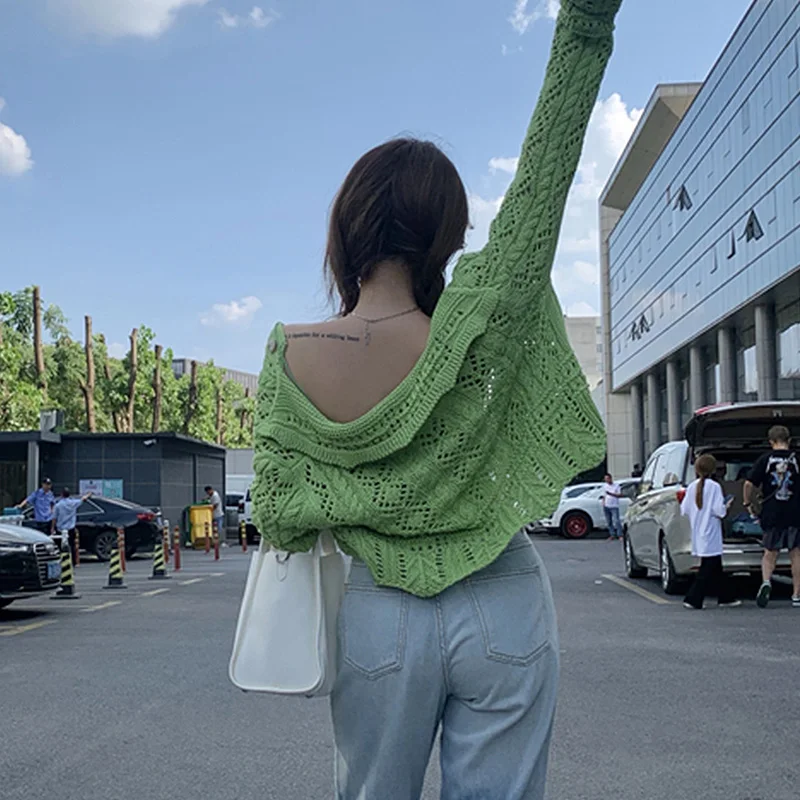 

Hollow Out Knitted Cardigan Women 2 Piece Sets Green Cropped Camisole Short Tops Long Sleeve Ribbed Sweater Casual Sweater Suits