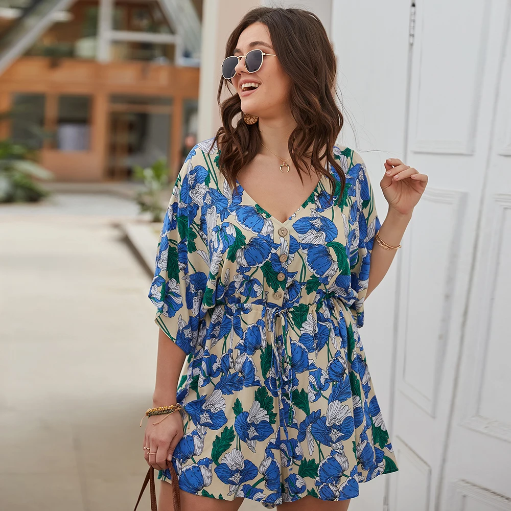 

Plus Size Short Jumpsuit Casual Summer Bohemian Floral Print Sexy V-neck Belt Beach Jumpsuit Fashion Loose Women Jumpsuit 4XL