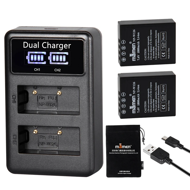 AMS-Mamen 2 шт. 1800 мАч NP W126S NP-W126 W126 Fujifilm цифровая камера батарея + USB LCD двойное зарядное