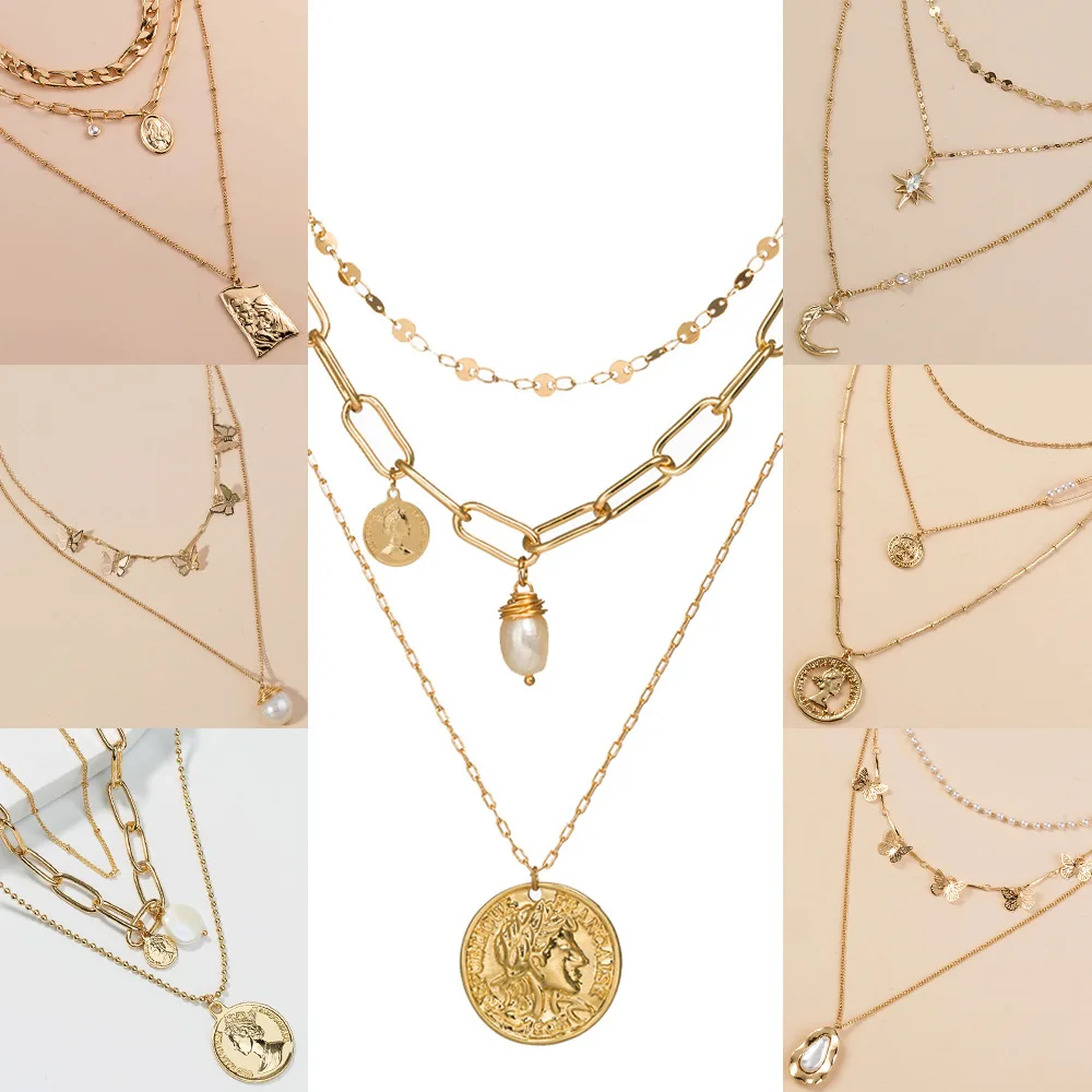 

2021 Fashion Pearl Choker Necklaces for Women Vintage collar Circle Coin Letter Necklace Lock Portrait Chains Necklace Jewelry