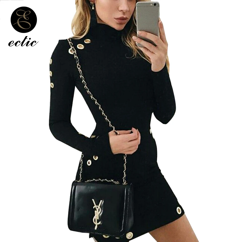 

Gothic Punk Rock Turtleneck Bodycon Dress Sukienka Plain Rivet Dress Women Long Sleeve Robe Femme 2021 Mini Dress Sexy Club Wear