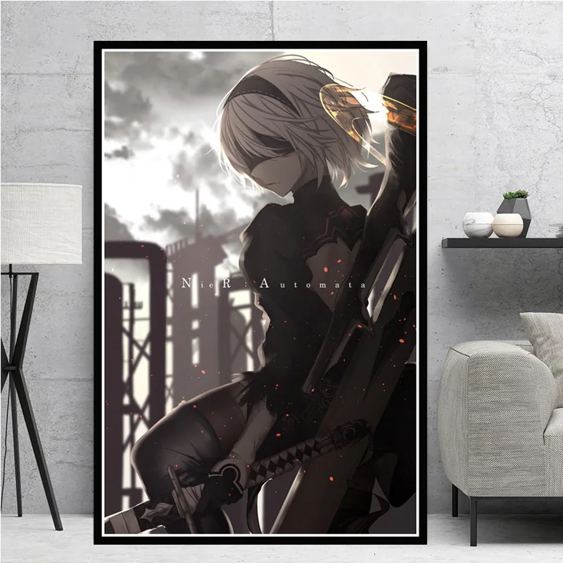 Nier Automata Fight Game Girl японский аниме холст живопись плакаты и принты настенные