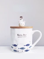 400ml creative cute cartoon japanese kitten fish ceramic mark water cup wooden spoon personality milk breakfast gift