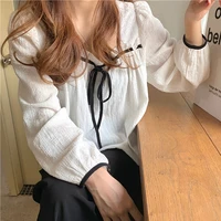 white bow shirts woman square collar long sleeve blouse women 2022 spring autumn korean style black blouses casual shirt femme