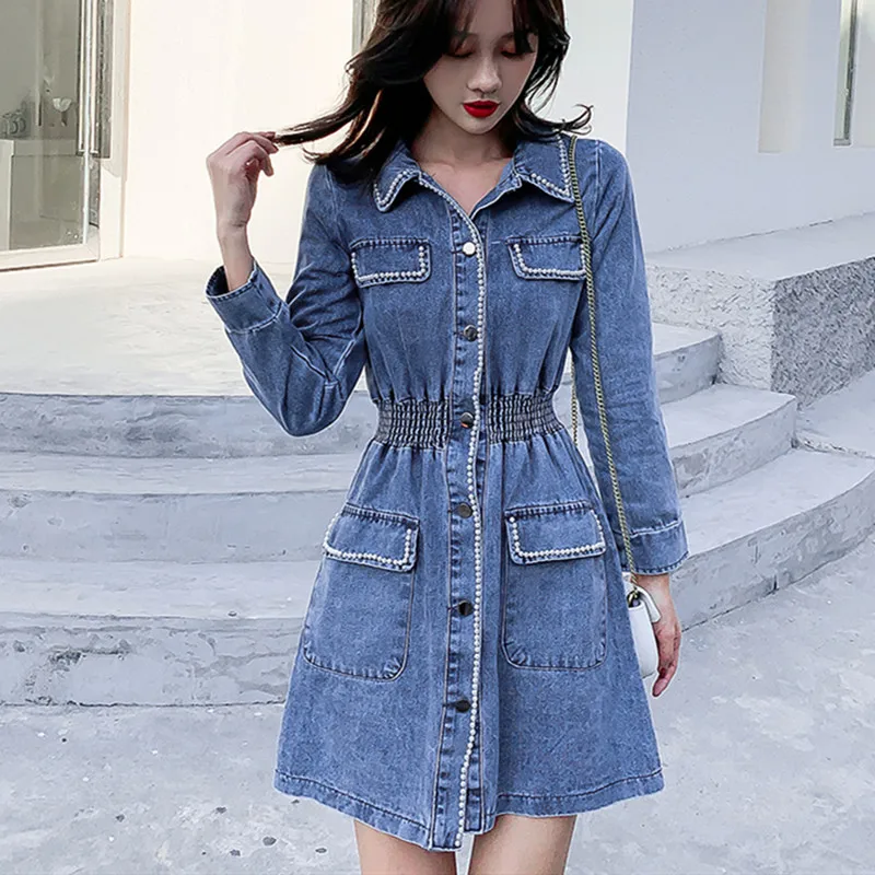 

Spring And Autumn New Loose Turn-Down Collar Single-Breasted Long Sleeved A-Line Dress Beaded High Waist Women Denim Dress
