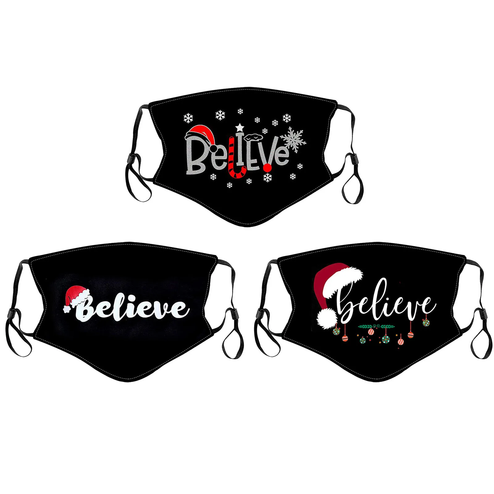 

3PCS Adults Mixed Fashion Mouth Masks Unisex Washable Christmas Believe letters Printing Cloth Protection Masks Mascarillas 2021