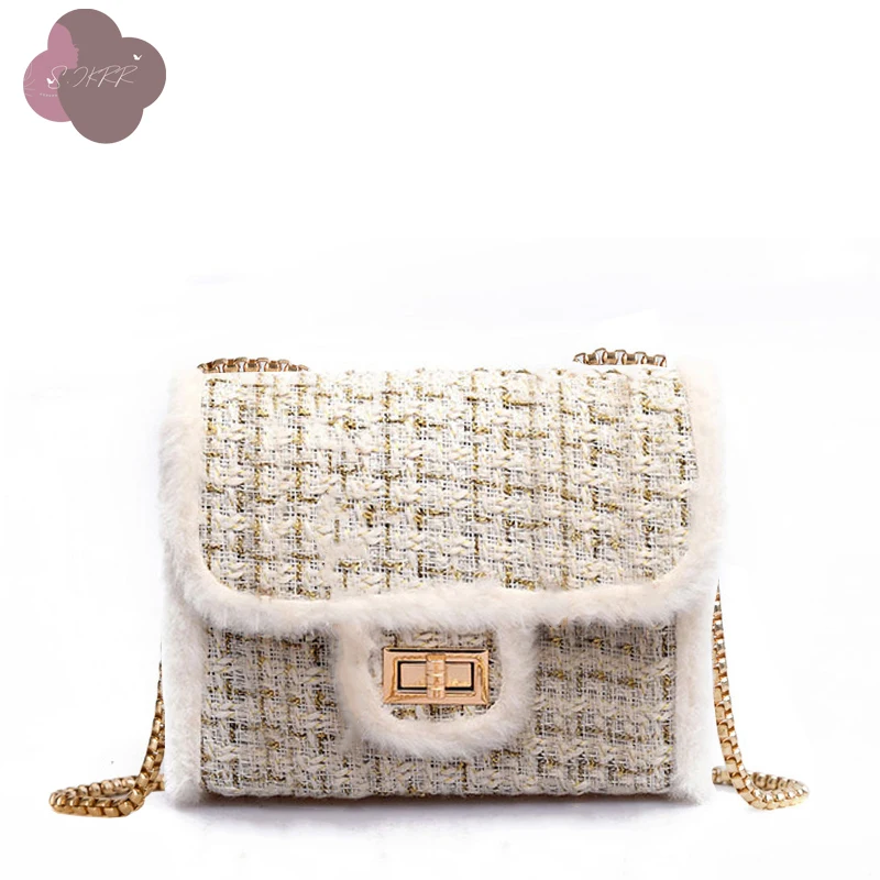 

S. ikrr winter mini crossbody bags for women 2020 tweed chain handbag New Brand female shoulder messenger bag luxury designer bag