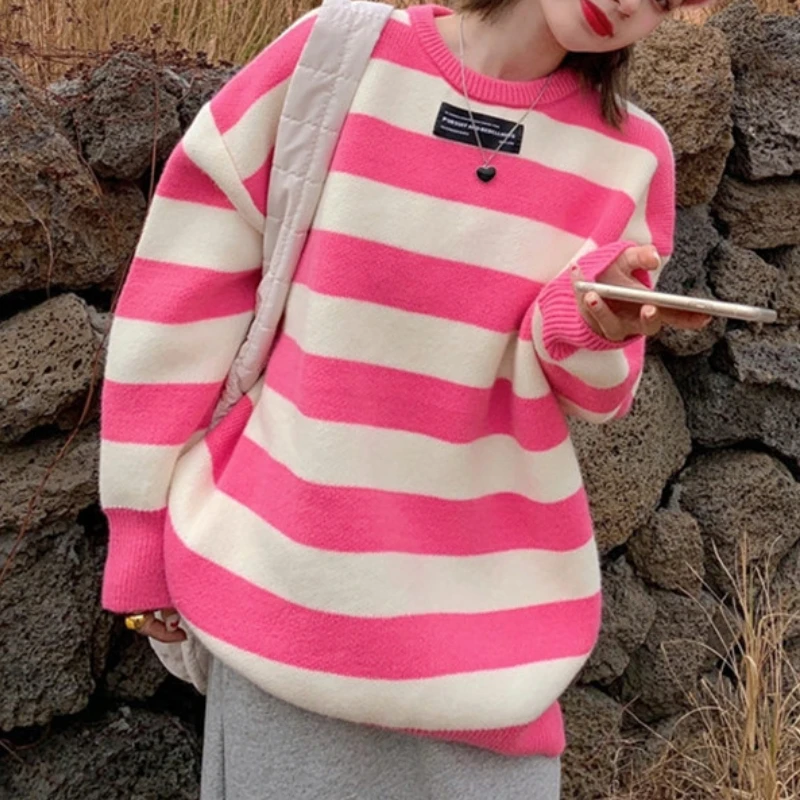 

Женские свободные повседневные трикотажные пуловеры с круглым вырезом, свитер в полоску, корейская мода, осенне-зимний теплый вязаный пуло...