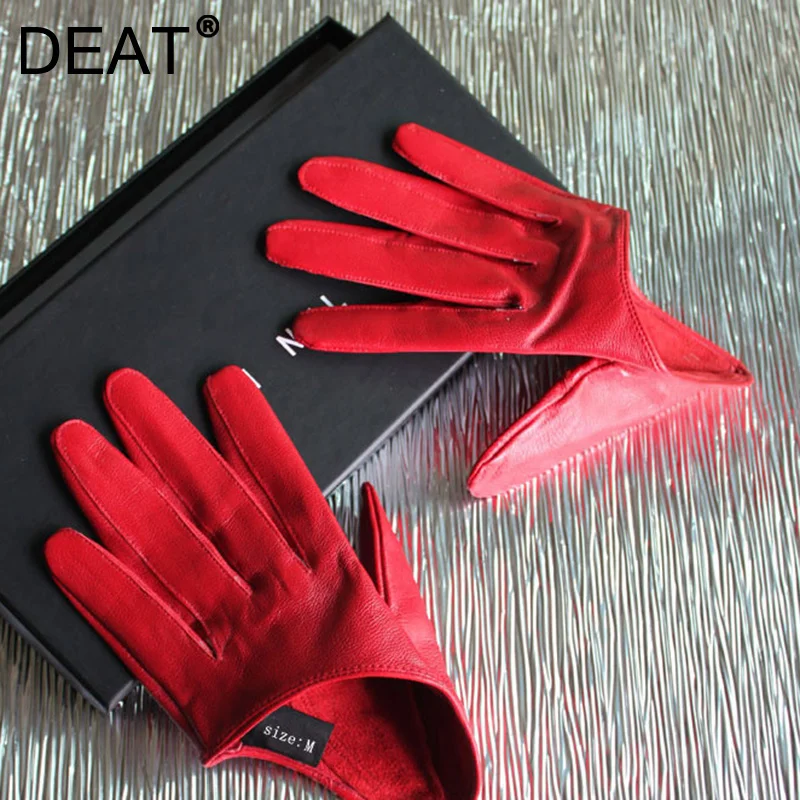 

DEAT 2021 Autumn And Winter Women's Sexy Leather Temperament Half Palm Short Performance Sheepskin Gloves Red 7I4205