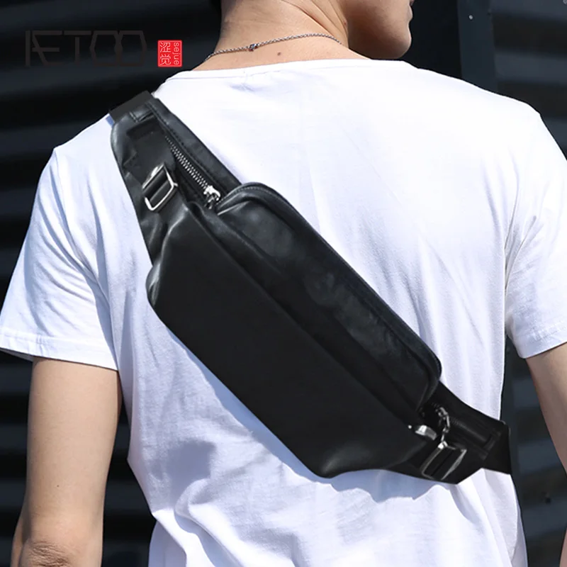 Нагрудная сумка AETOO для мужчин кожаная из овчины бега и отдыха маленький