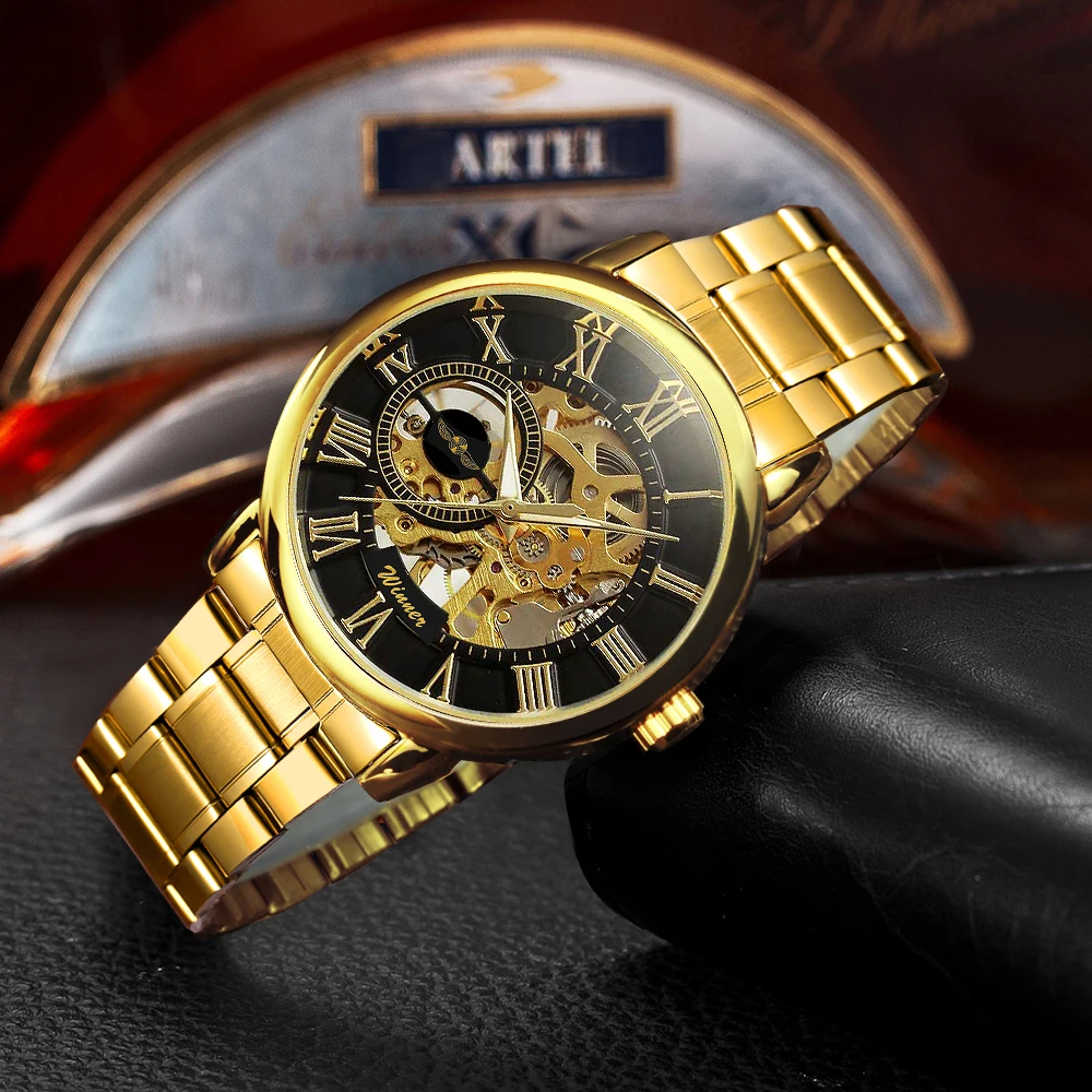 Часы наручные WINNER Мужские механические брендовые Роскошные модные золотистые с