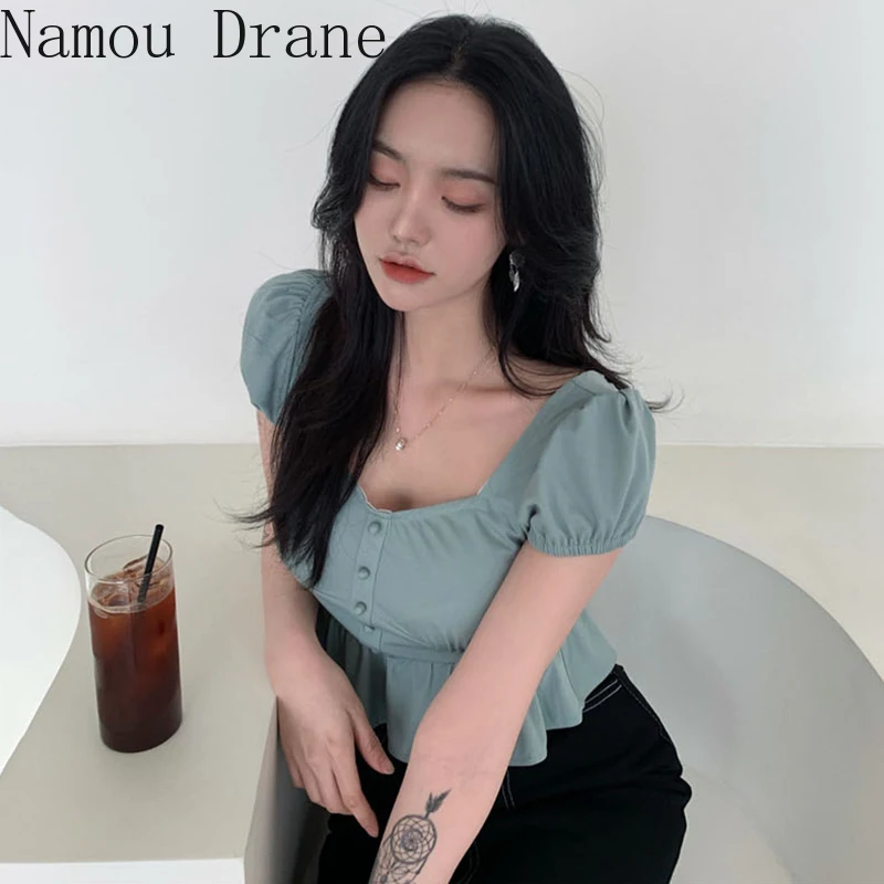 

Sexy Square Collar Short Sleeve Women Shirt Single Breasted Slim Short Ruffle Blusa Korean Solid Blouse 2020 New