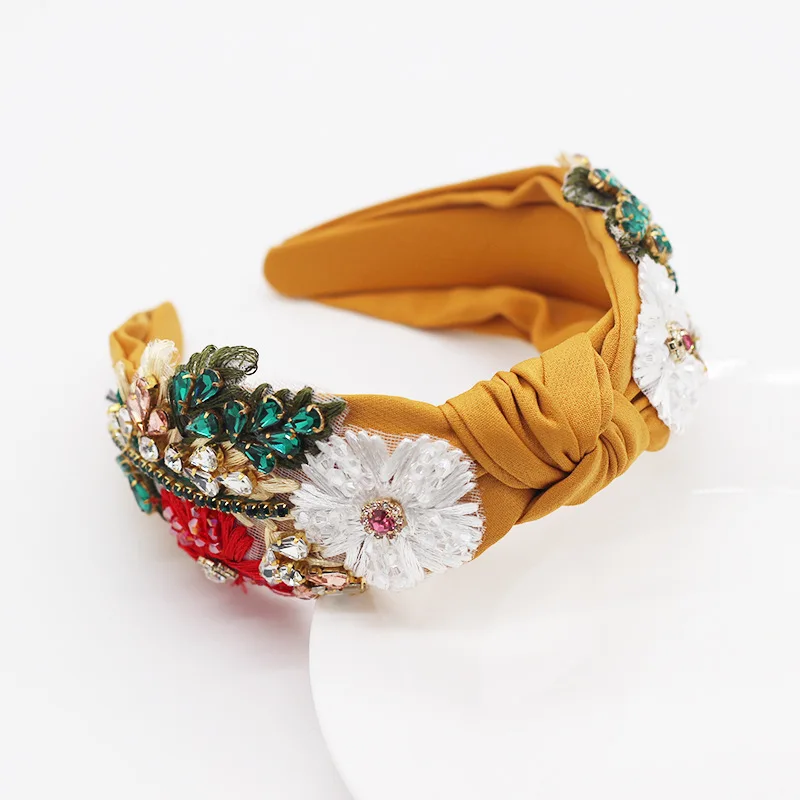 

Big Flower Crystal Rhinestone Hairband Palace Crown Bohemia Headwear Handmade White Yellow Luxury Baroque Tiara Headbands Women