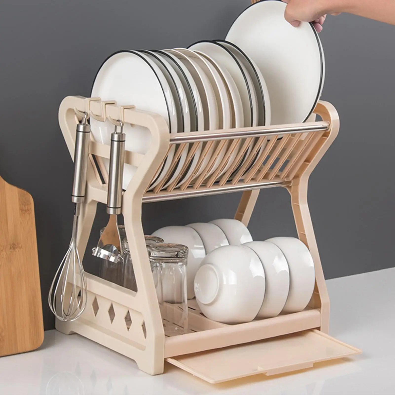 

Double-layer Kitchen Dish Bowl Draining Storage Rack Holder with Chopstick Cage