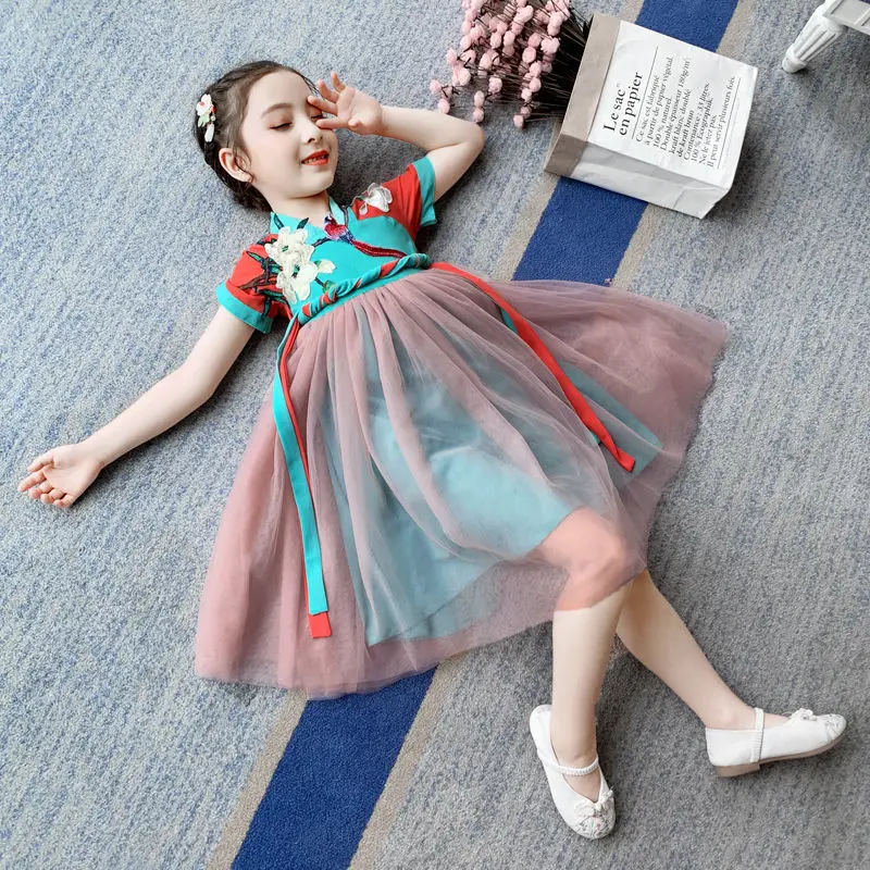 

Girls' Hanfu 2021 New Summer Short Sleeve Dress Medium Length Chinese national style skirt