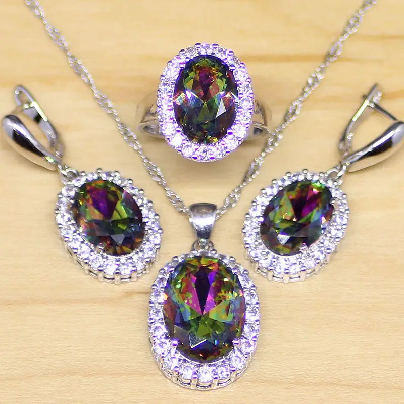 

Mystic Rainbow Fire Cubic Zirconia Jewelry Set Women 925 Sterling Silver Jewelry Wedding Earrings/Pendant/Necklace/Rings T002