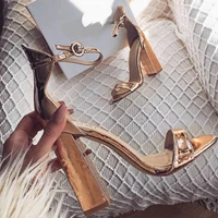 gold leather chunky heel sandals peep toe ankle strap women square heels dress shoes summer party heels banquet shoes drop ship