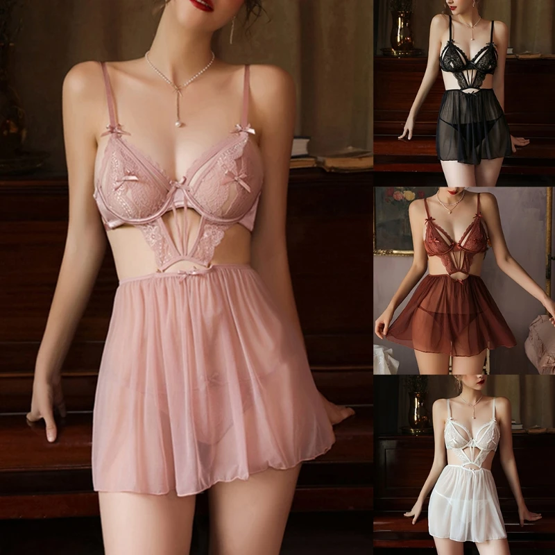 

X3UE Women Temptation Deep V-Neck Mesh Lingerie Dress with Panties Thong Set Sexy Open Cup Bowknot Lace Spliced Nightgown