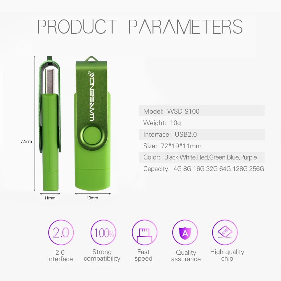 WANSENDA высокоскоростной OTG USB флеш накопитель 32 ГБ 8 Гб 16 64 128 256 2 в 1 микро Usb для