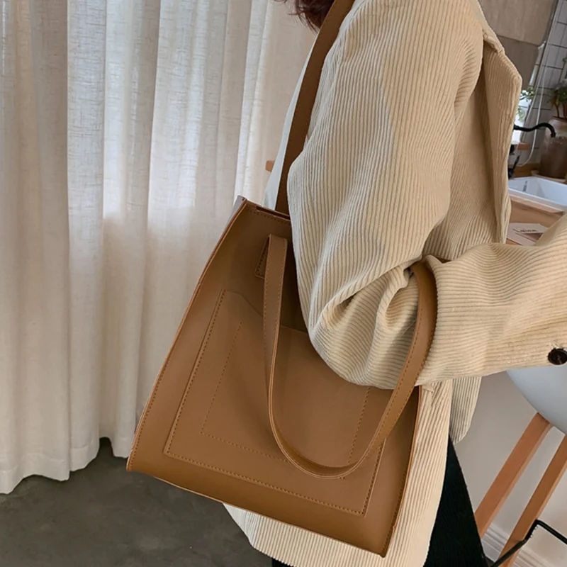 

2021 New Simple Shoulder Bag Women PU Leather Handbag Large Capacity Handle Bag Vintage Shoulder Pouch Shopping Bag