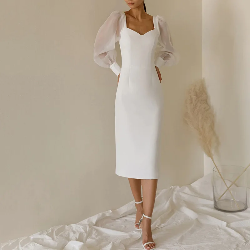 

Elegant Simple Square Collars Mesh Puff Sleeve Celebrity Dresses Lady Sexy Slit White Patchwork Homecoming Gowns Prom Party Robe