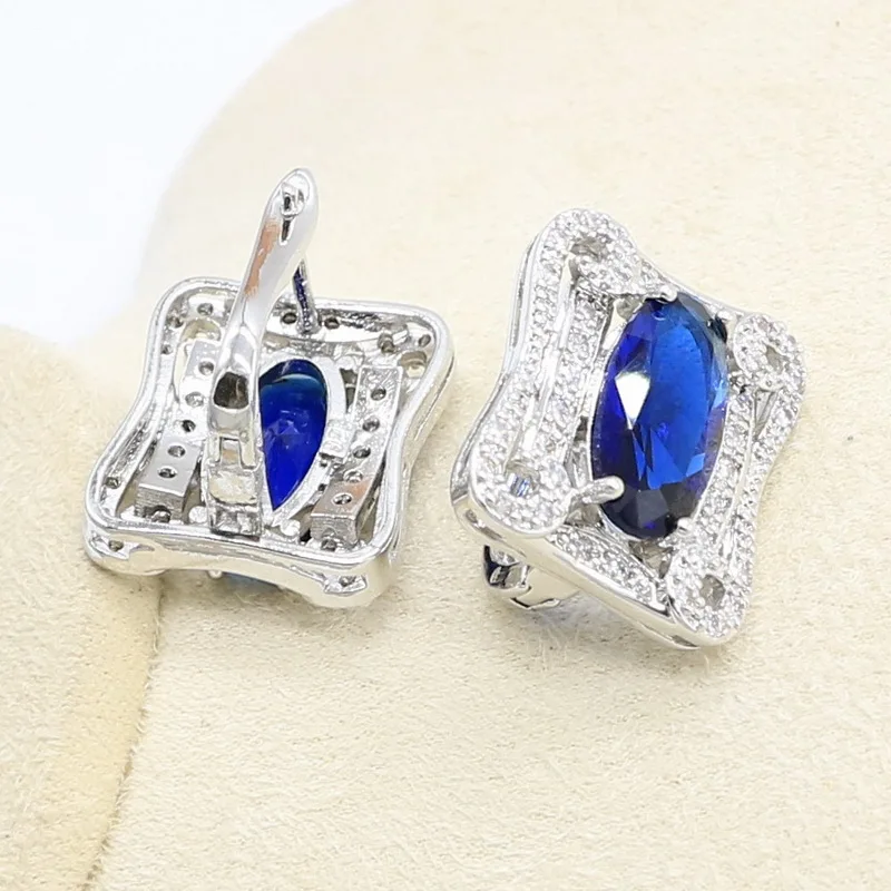 Геометрический синий сапфир 925 серебро набор украшений для женщин пробы с
